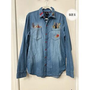 Studio Ghibli Kiki's Delivery Service Jiji Denim Woven Button-Up Shirt Size S